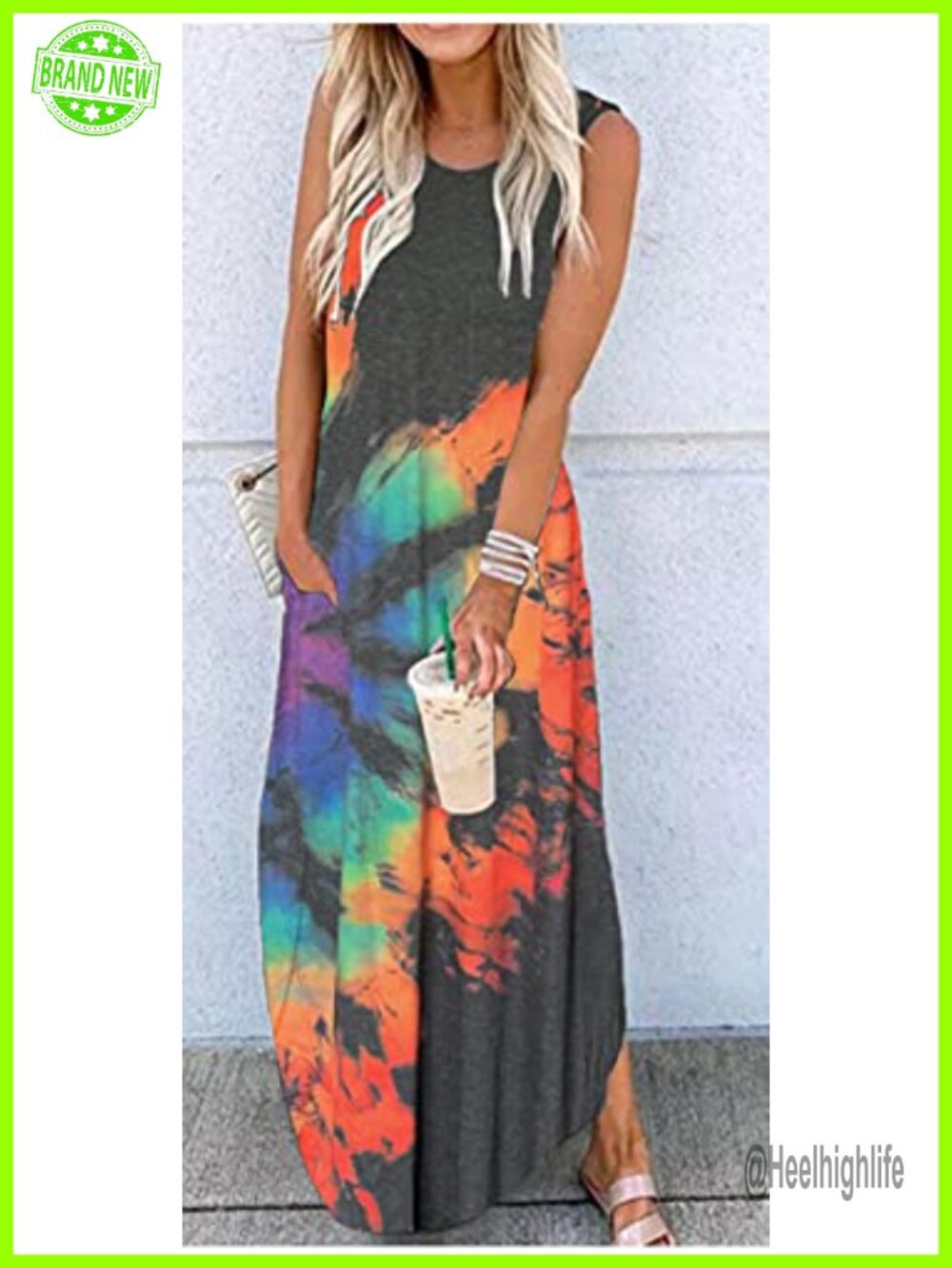 Maxi Dress with Pockets, Sleeveless, Summer Beach Boho Sundress, Cotton Blend, - Picture 2 of 3